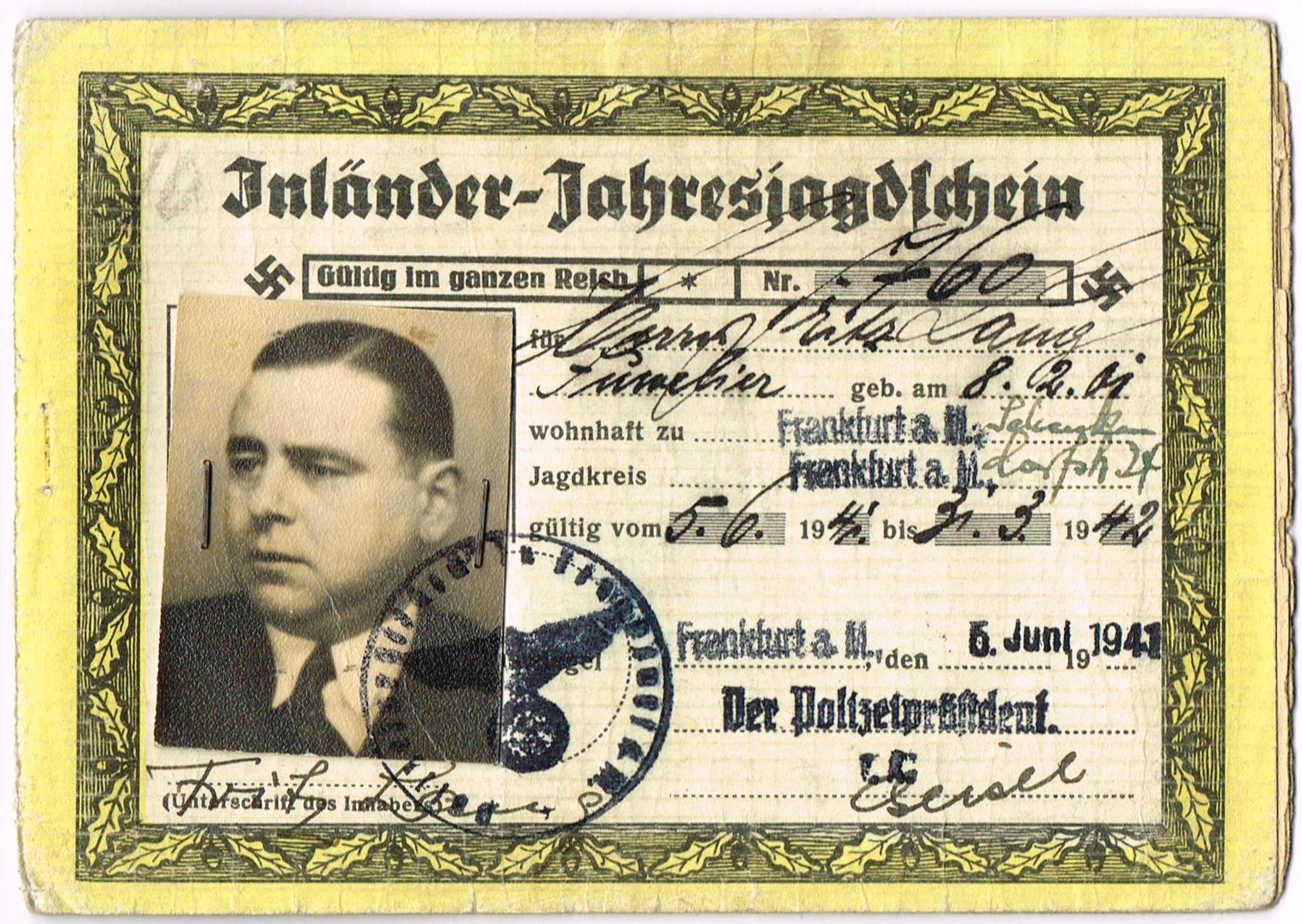 Photo Inländer-Jahresjagdschein - 1941-1945 - Fritz Lang